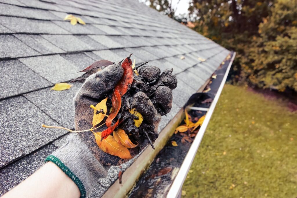 A gloved hand holds debris and leaves from a gutter on a house with a gray roof.