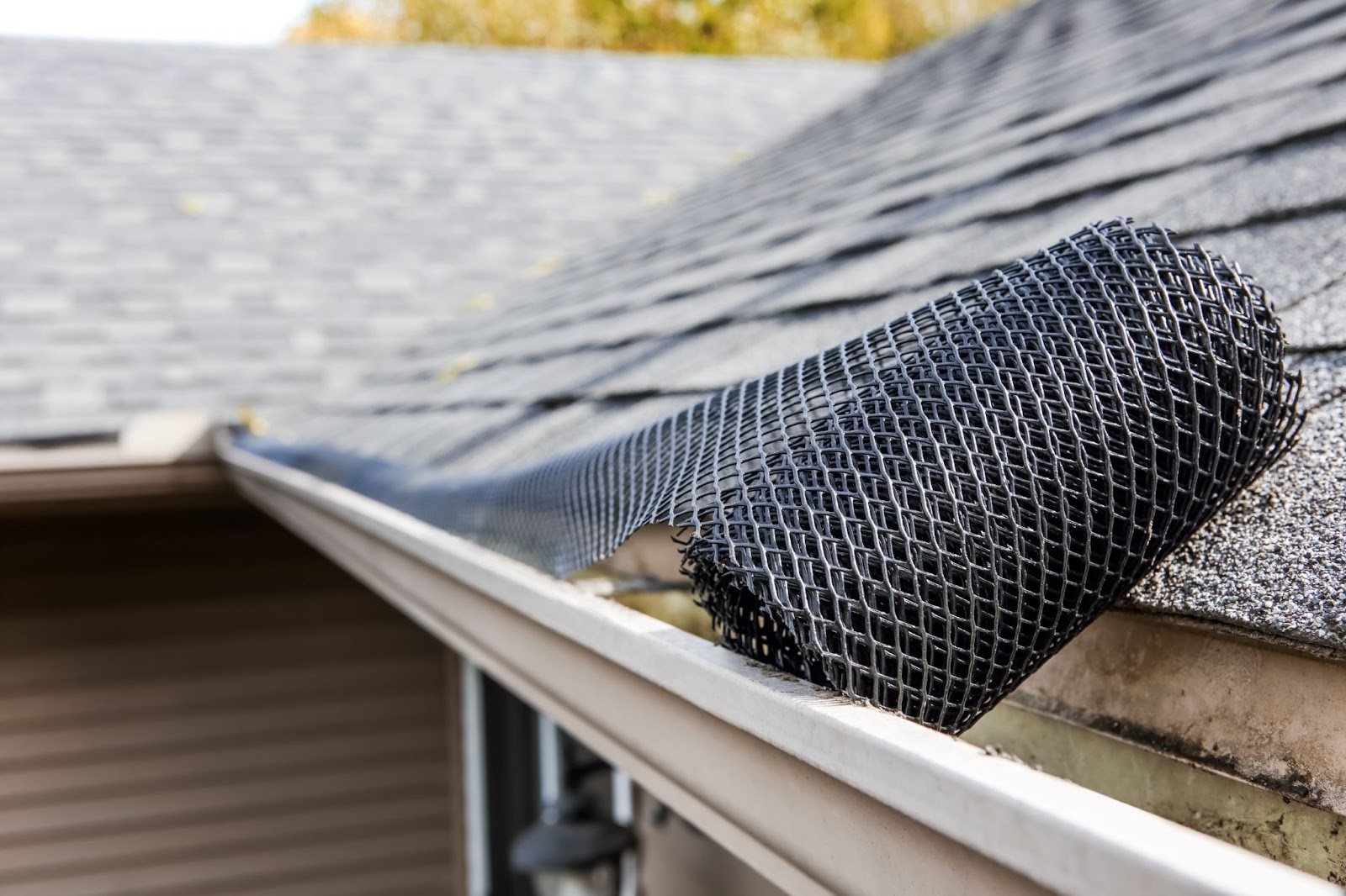 Gutter with mesh guard on a house roof.